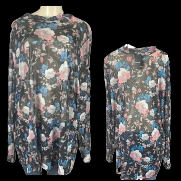 Torrid +6 Sheer Mesh Black Floral Mock Neckline Long Sleeve Pullover Blouse - Picture 1 of 6